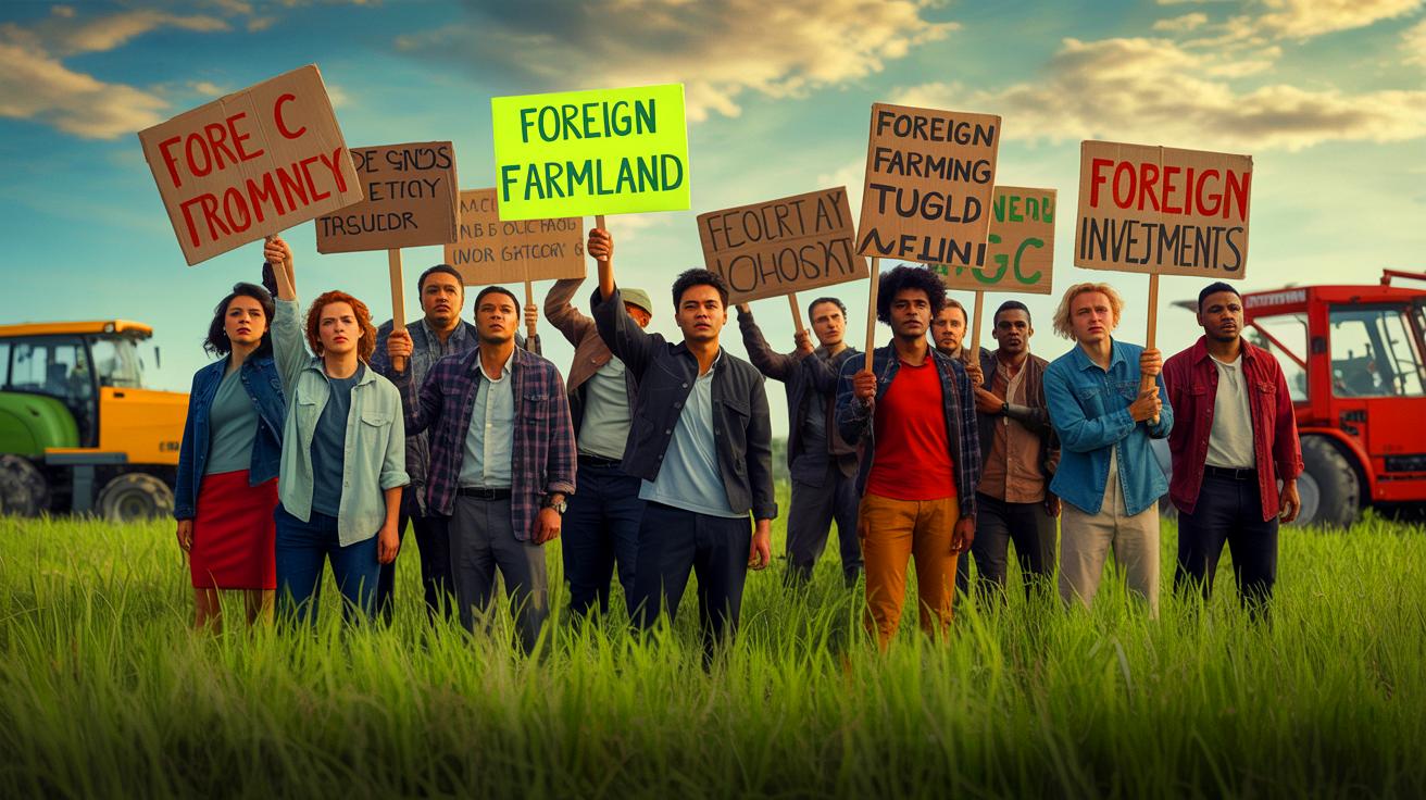 Illustration of a global protest against foreign farmland investment, depicting diverse communities rallying for their rights (AI-generated). Credit: Ideogram.