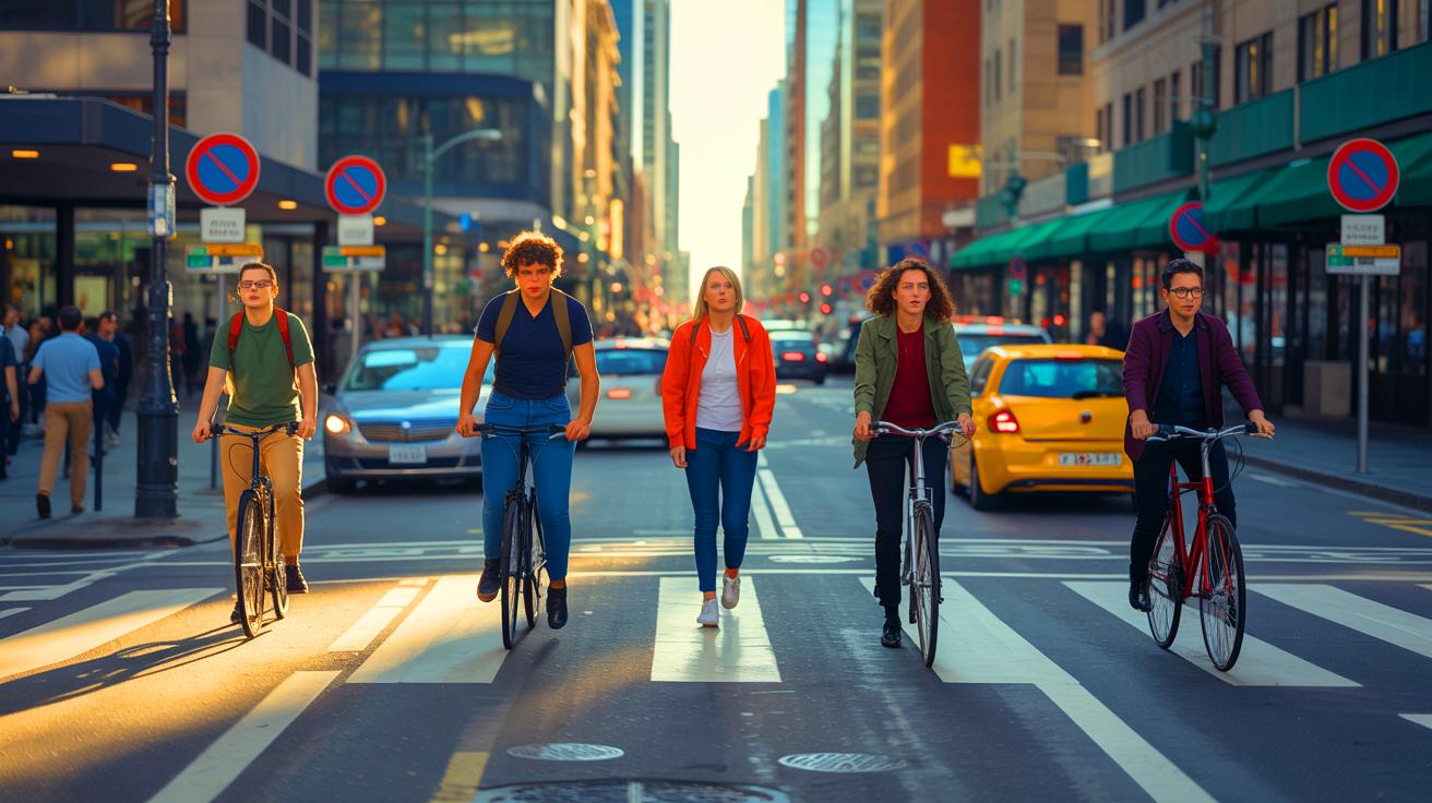 Illustration of urban residents navigating streets with car restrictions, showcasing the tension between mobility and environmental goals (AI-generated). Credit: Ideogram.