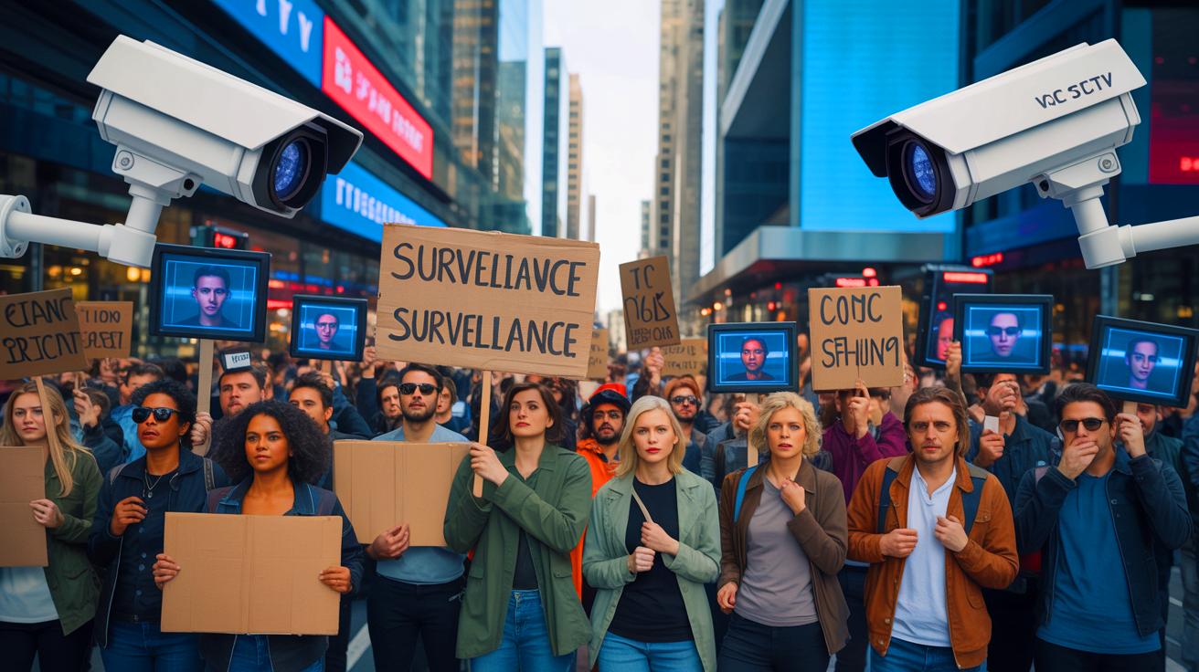 Illustration of a crowded protest with demonstrators holding signs against surveillance measures (AI-generated). Credit: Ideogram.