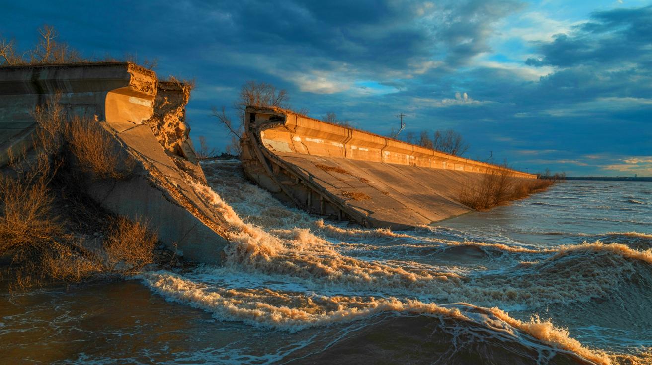 Illustration de l'état dégradé des digues et des risques d'inondation associés (généré par IA). Credit: Ideogram.