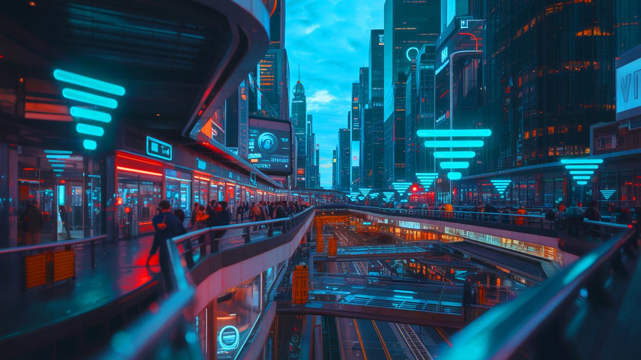 Illustration of a cityscape with interconnected digital ID symbols representing privacy concerns (AI-generated). Credit: Ideogram.