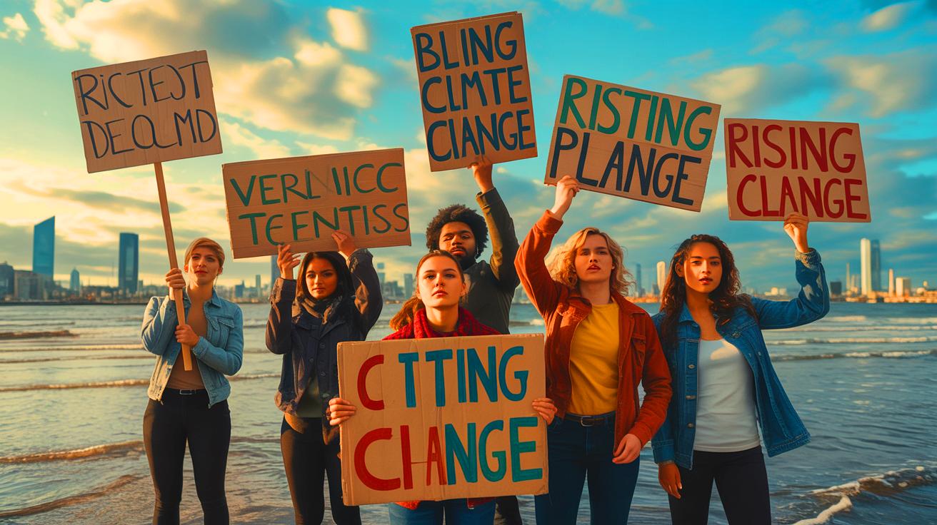 Illustration of advocates raising signs and banners to demand immediate action on climate injustice (AI-generated). Credit: Ideogram.