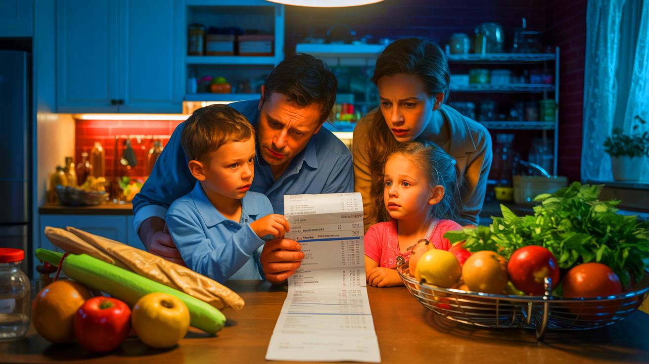 Illustration of a family examining a grocery bill with concerned expressions amidst rising food prices (AI-generated). Credit: Ideogram.