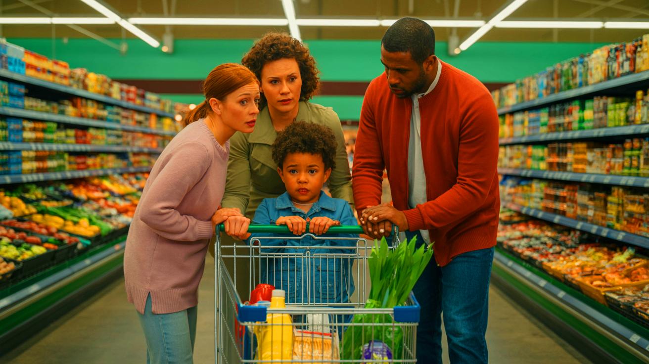 Illustration of families struggling to afford groceries amidst rising food prices (AI-generated). Credit: Ideogram.