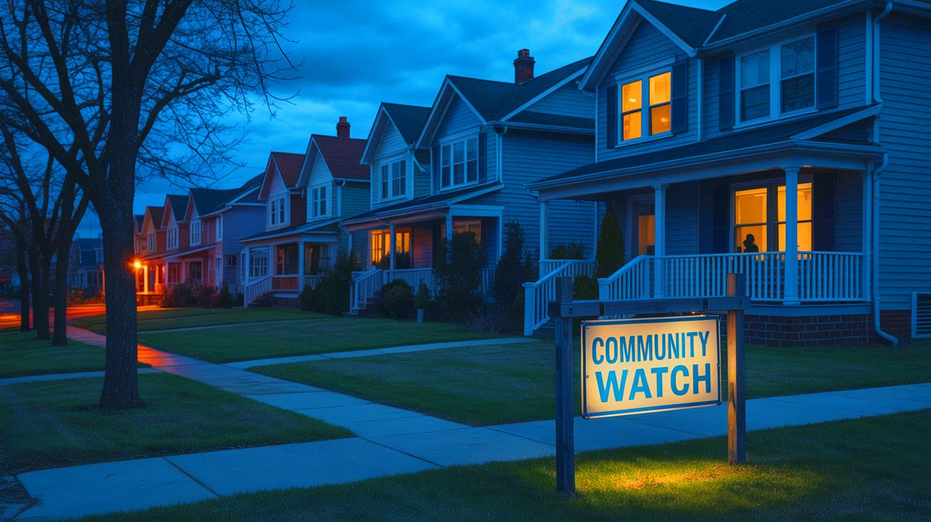 Illustration of a suburban neighborhood in distress with visual elements representing crime and community response measures (AI-generated). Credit: Ideogram.