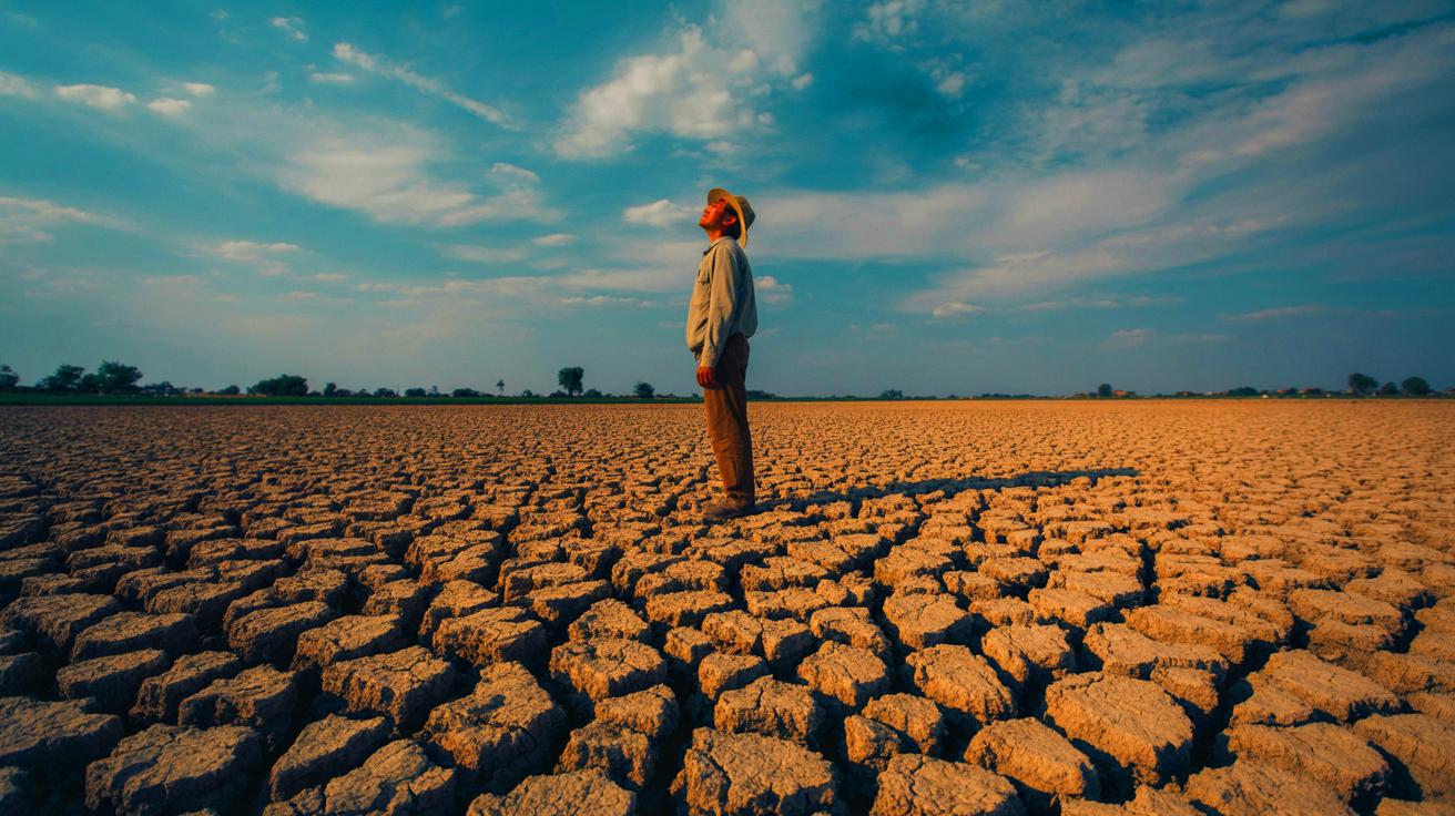 Illustration of farmers working on parched fields under a clear sky, highlighting the impact of extreme drought conditions (AI-generated). Credit: Ideogram.