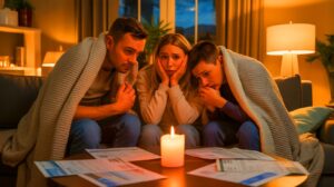 Illustration of families struggling with rising energy bills and financial stress (AI-generated). Credit: Ideogram.