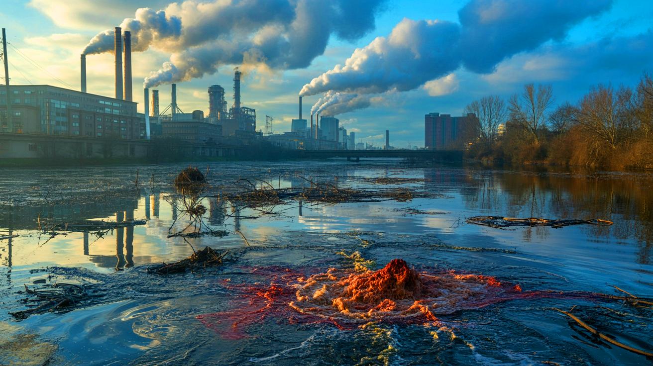 Illustration of industrial pollutants entering an urban water supply (AI-generated). Credit: Ideogram.