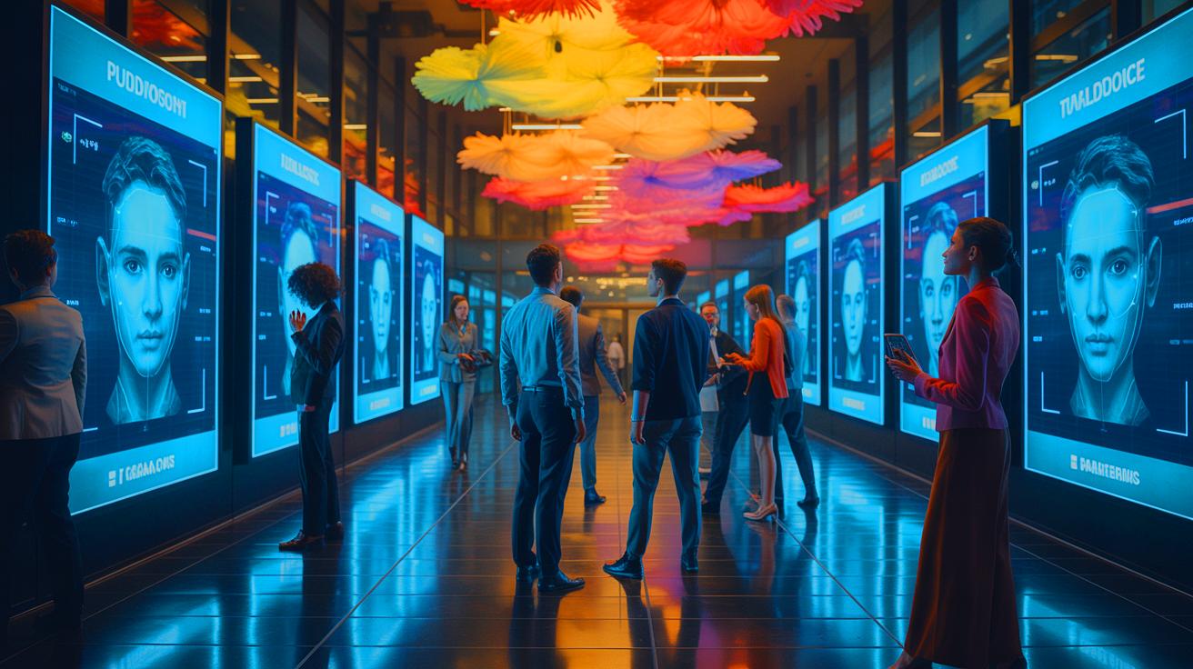 Illustration of a corporate office integrating facial recognition technology with glowing digital interfaces (AI-generated). Credit: Ideogram.