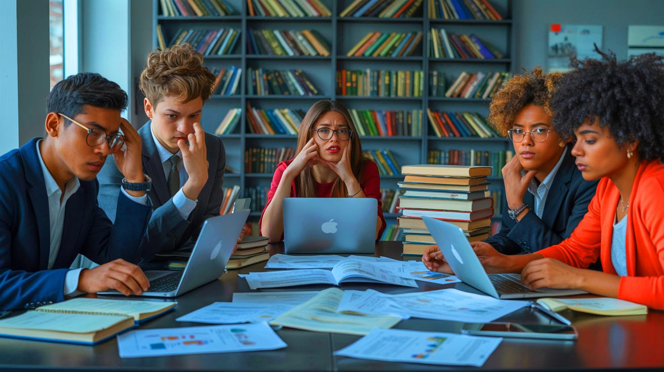 Illustration of young adults burdened by student loans, surrounded by financial documents and worried expressions (AI-generated). Credit: Ideogram.