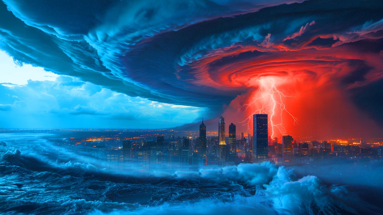 Illustration of extreme weather events impacting global landscapes (AI-generated). Credit: Ideogram.
