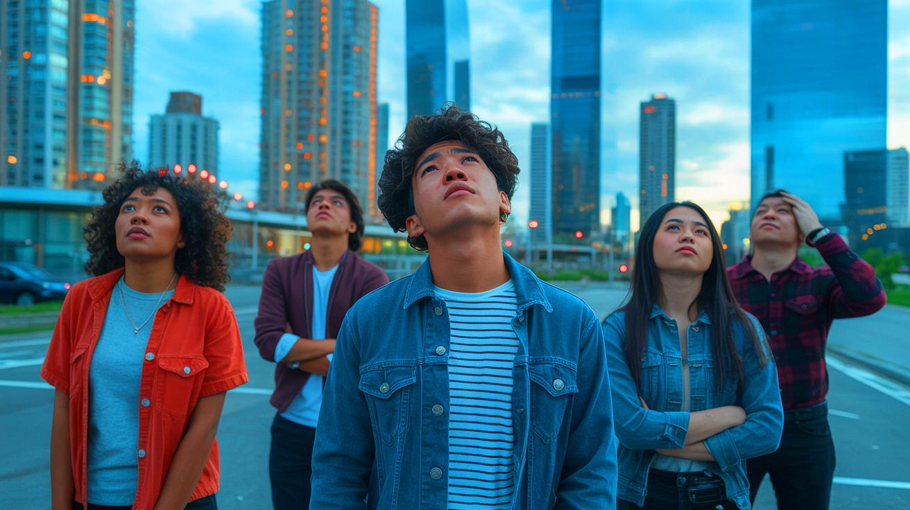 Illustration of young adults looking at unaffordable housing options with expressions of despair and frustration (AI-generated). Credit: Ideogram.