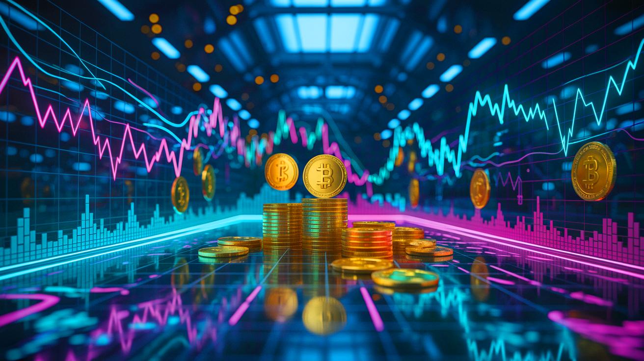 Illustration of a fluctuating digital currency market with charts and coins (AI-generated). Credit: Ideogram.