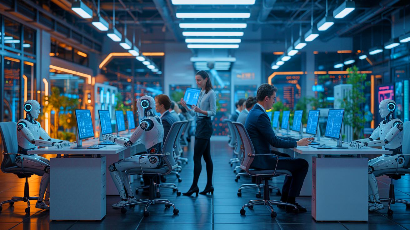 Illustration of AI reshaping the workplace by replacing human jobs with automation (AI-generated). Credit: Ideogram.
