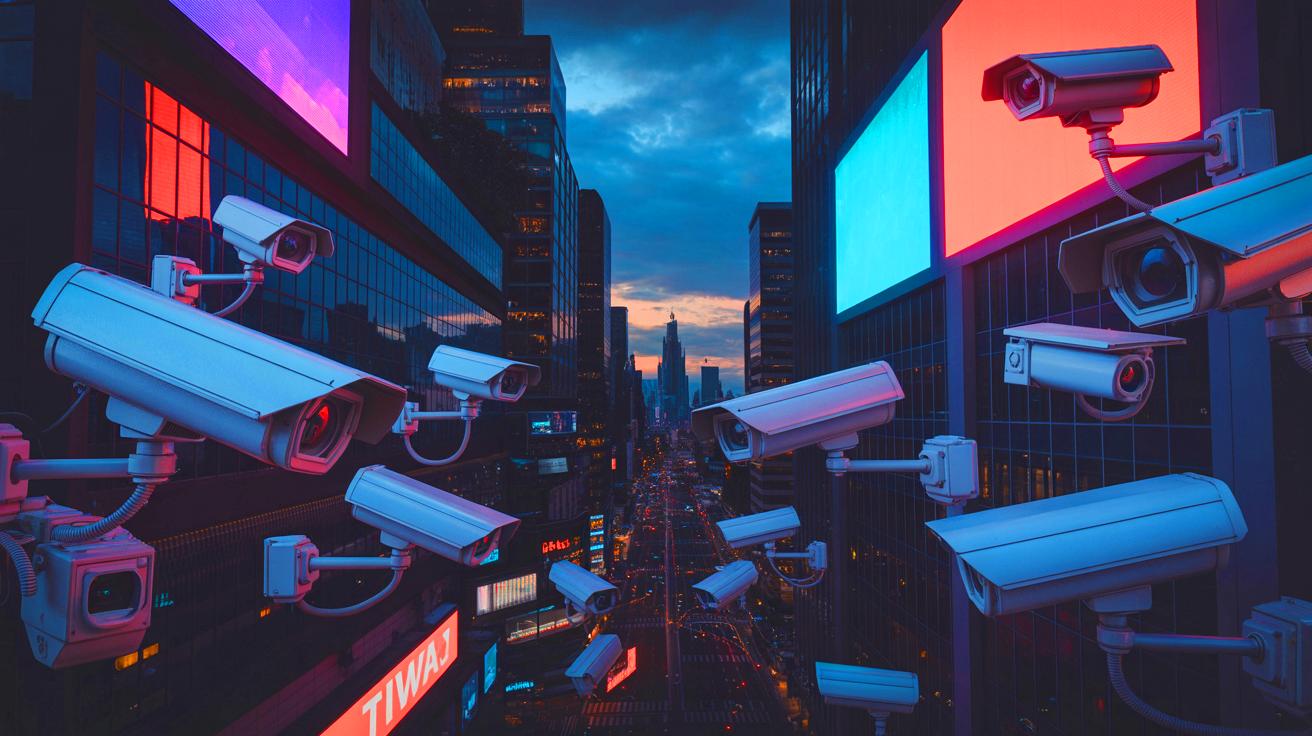 Illustration of a city skyline with multiple surveillance cameras and digital interfaces (AI-generated). Credit: Ideogram.